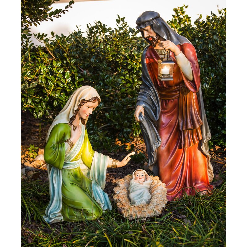 Nativity Scene store Painted Wood Carvings Three Wiseman Jesus, Joseph, & Mary